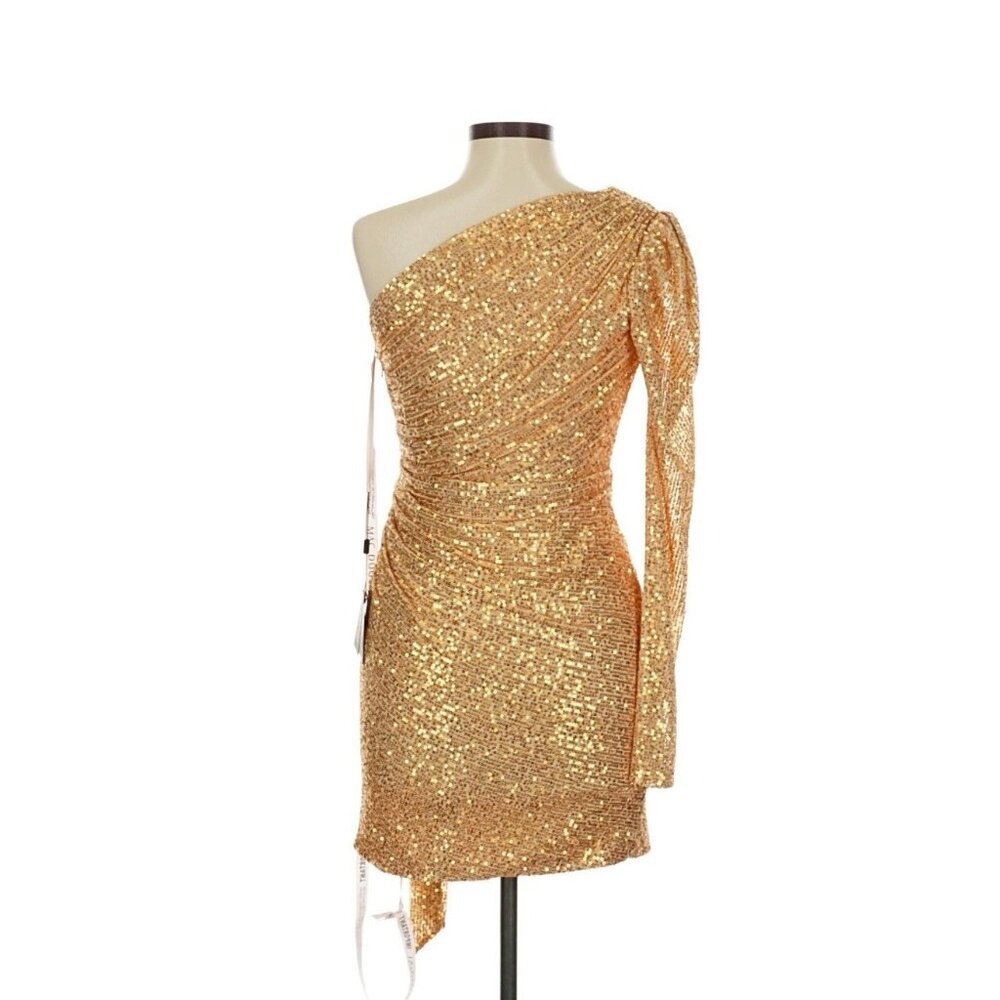 Ieena for‎ Mac Duggal One Sleeve Dress Sequin Gold Asymmetric Mini Sz 0 Party
